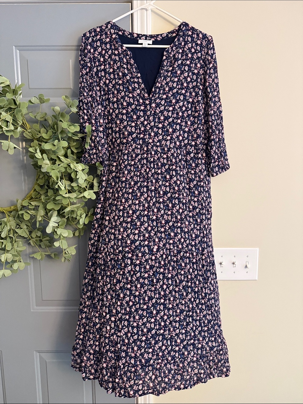 J Jill Women's Navy Floral Midi Dress with Blossoms